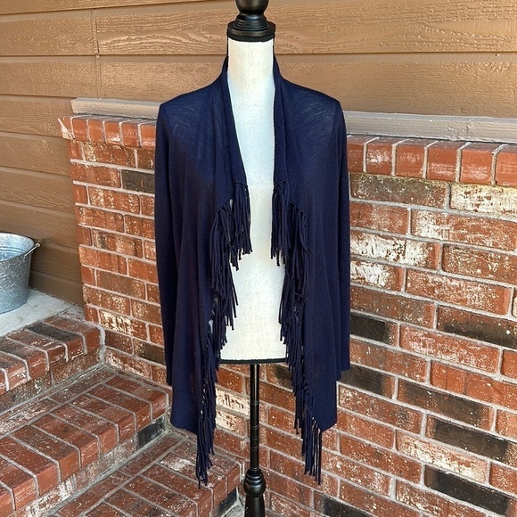 Rebecca Taylor Wool Drape Navy Blue Open Front Fringe Cardigan Sweater Medium - Picture 1 of 7
